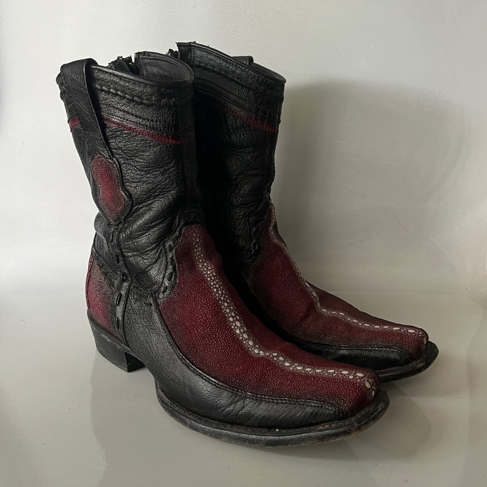 King Exotic Boots Rawstone Square Toe Stingray & Deer Faded Burgundy Size 7 Ee